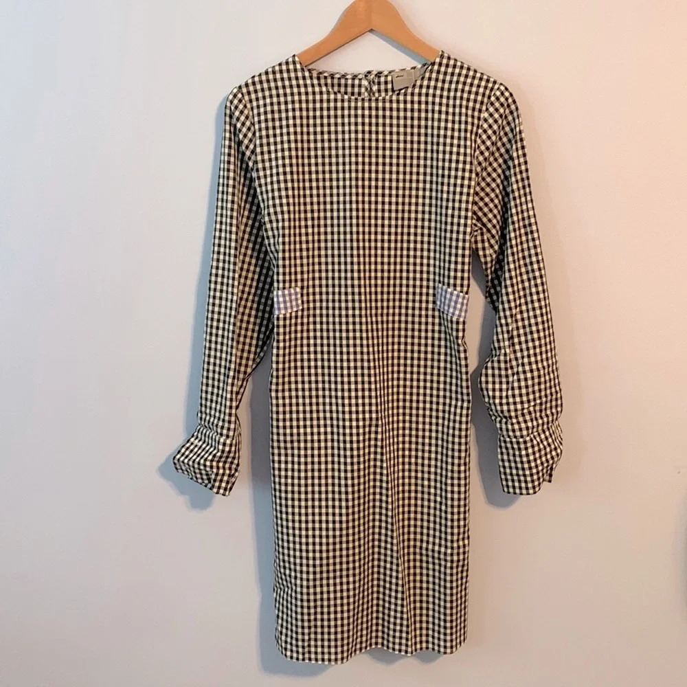 ASOS size 8 long sleeve light weight cotton black check gingham mini dress ties